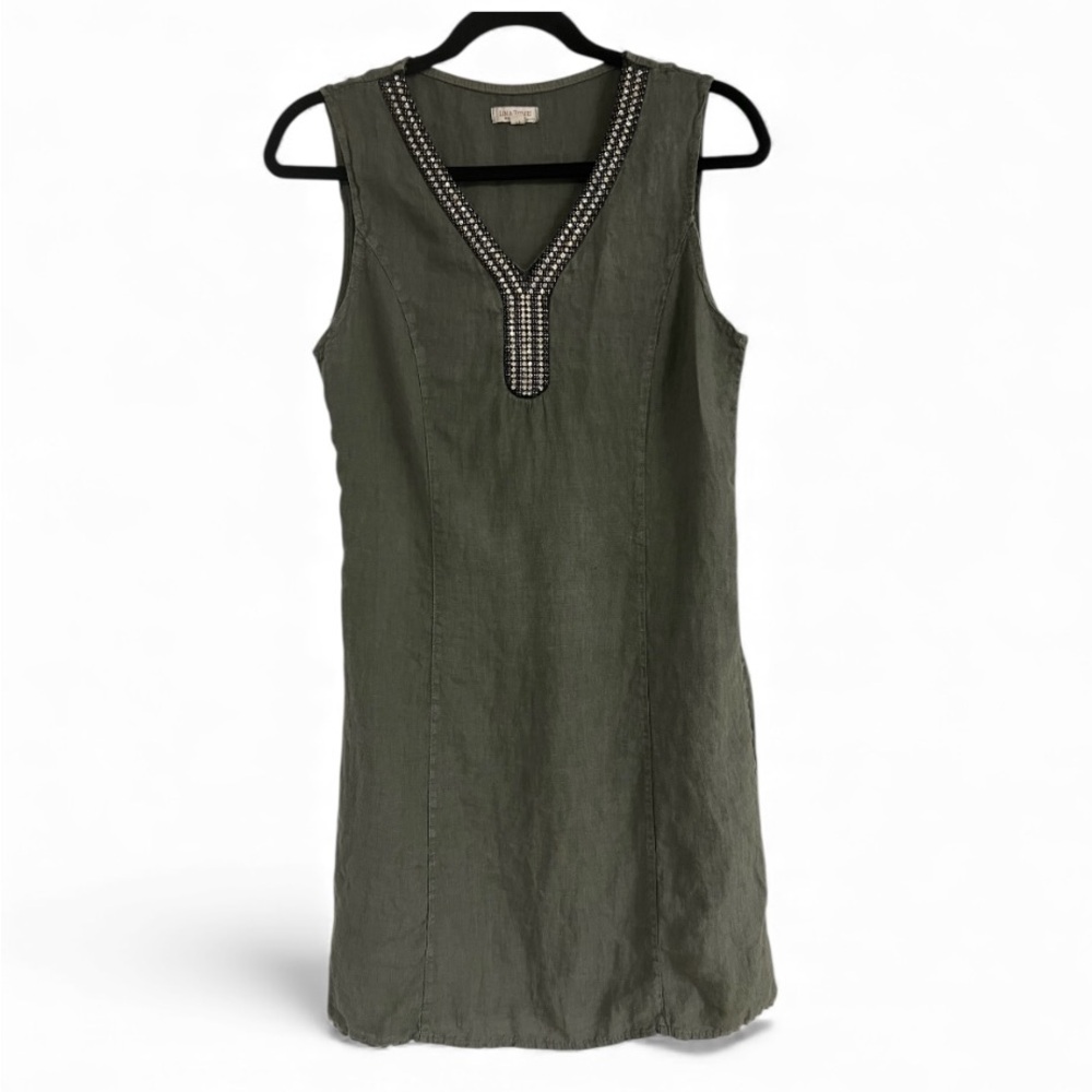 Lina Tomei Sleeveless Olive Green 100% linen Dress with Beaded Neckline - Picture 1 of 5